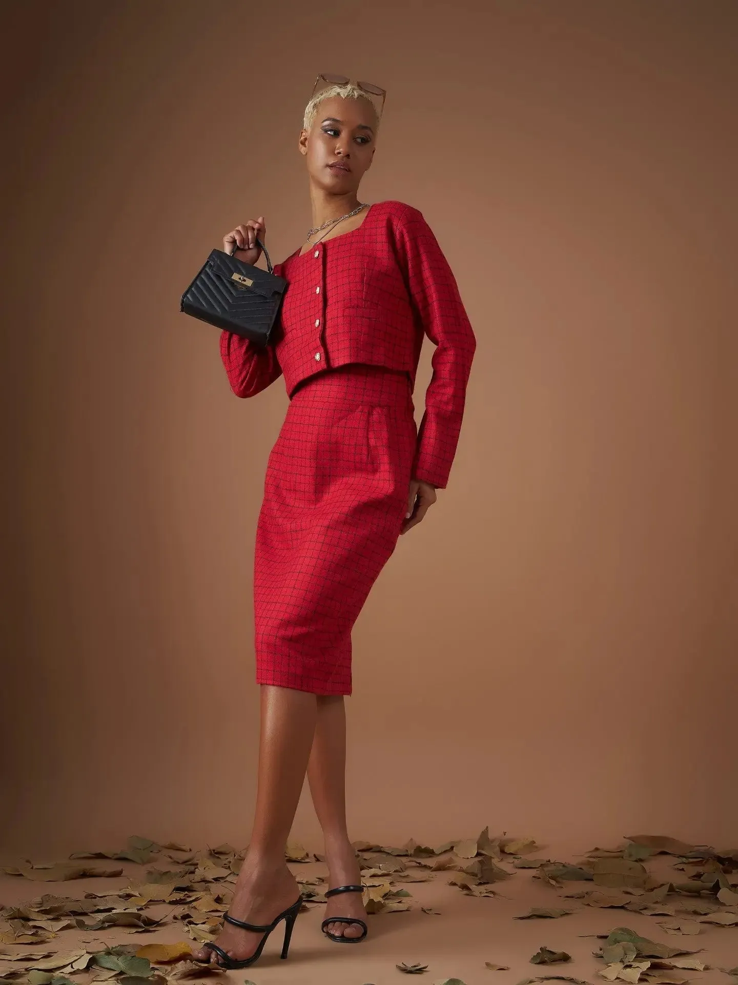 Women Red Check Jacquard Tweed Pencil Skirt
