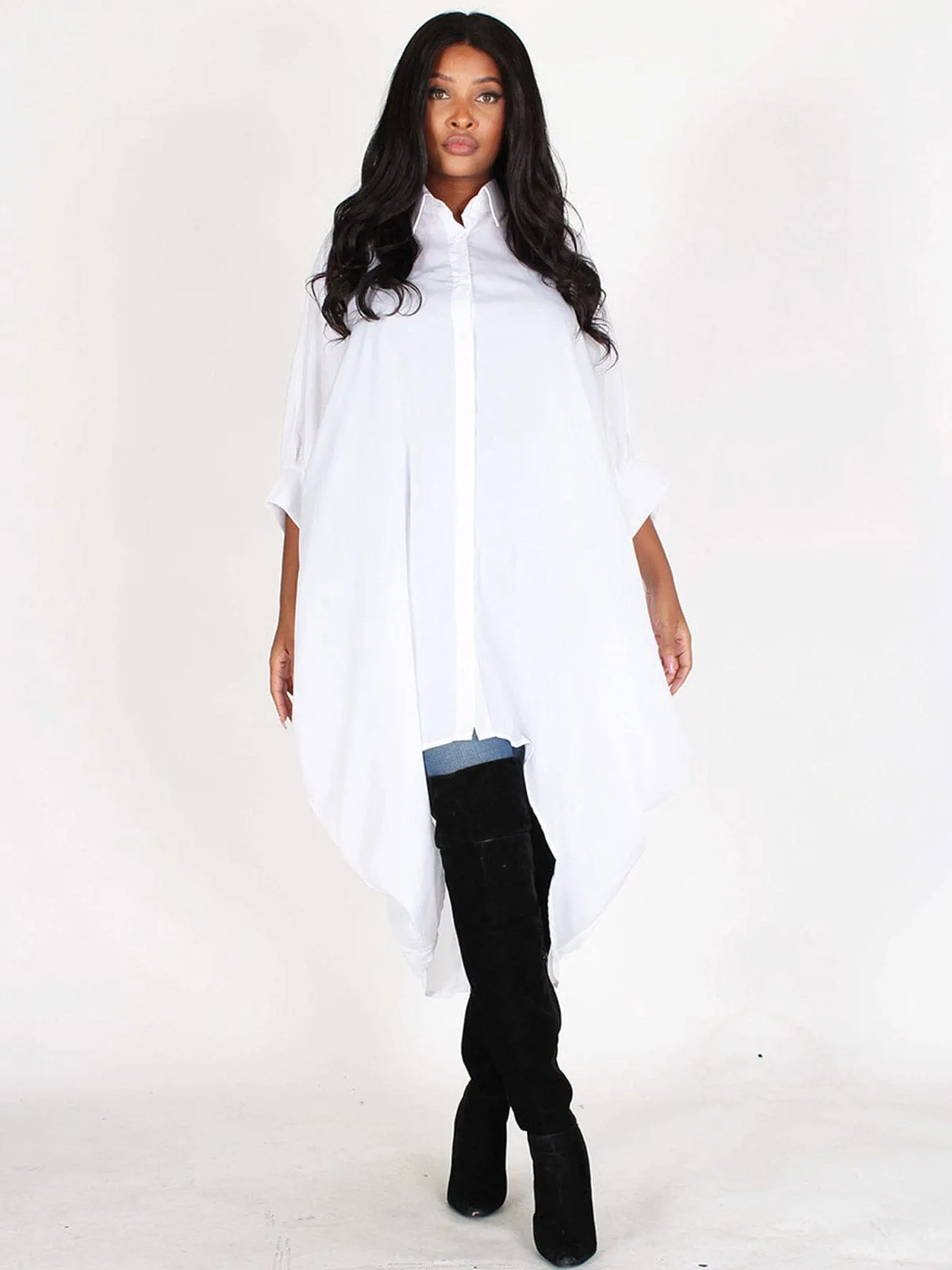 WOMEN'S 3/4 SLEEVES BUTTON UP HIGH-LOW SOLID TUNIC TOP/DRESS