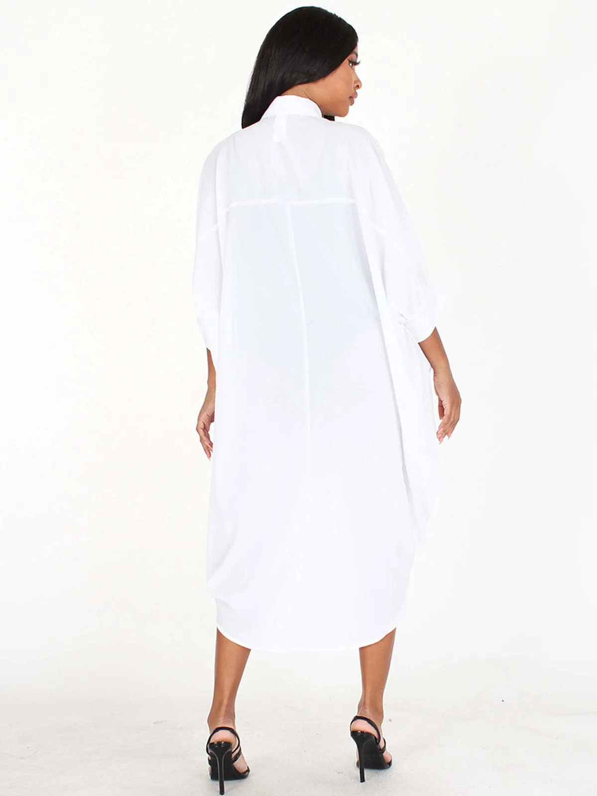 WOMEN'S 3/4 SLEEVES BUTTON UP HIGH-LOW SOLID TUNIC TOP/DRESS