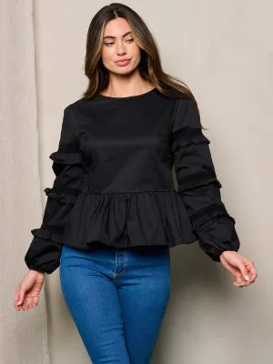 WOMEN'S LONG RUFFLE SLEEVE PEPLUM BLOUSE TOP