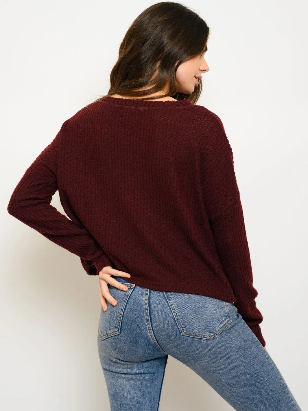 WOMEN'S LONG SLEEVE BRUSHED WAFFLE TOP