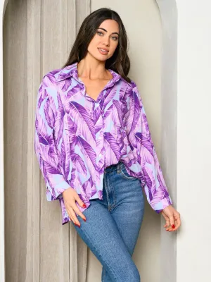 WOMEN'S LONG SLEEVE BUTTON UP LEAF PRINT TOP