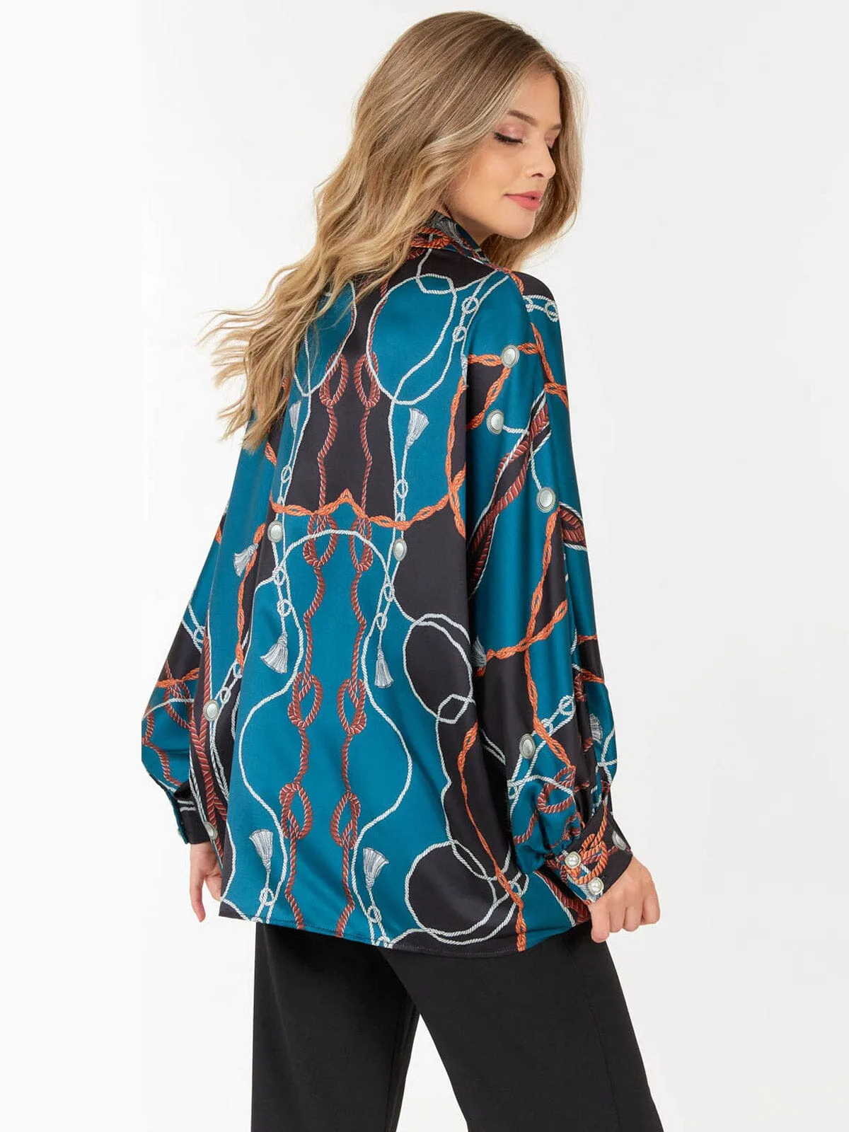 WOMEN'S LONG SLEEVE BUTTON UP MULTI PRINT BLOUSE