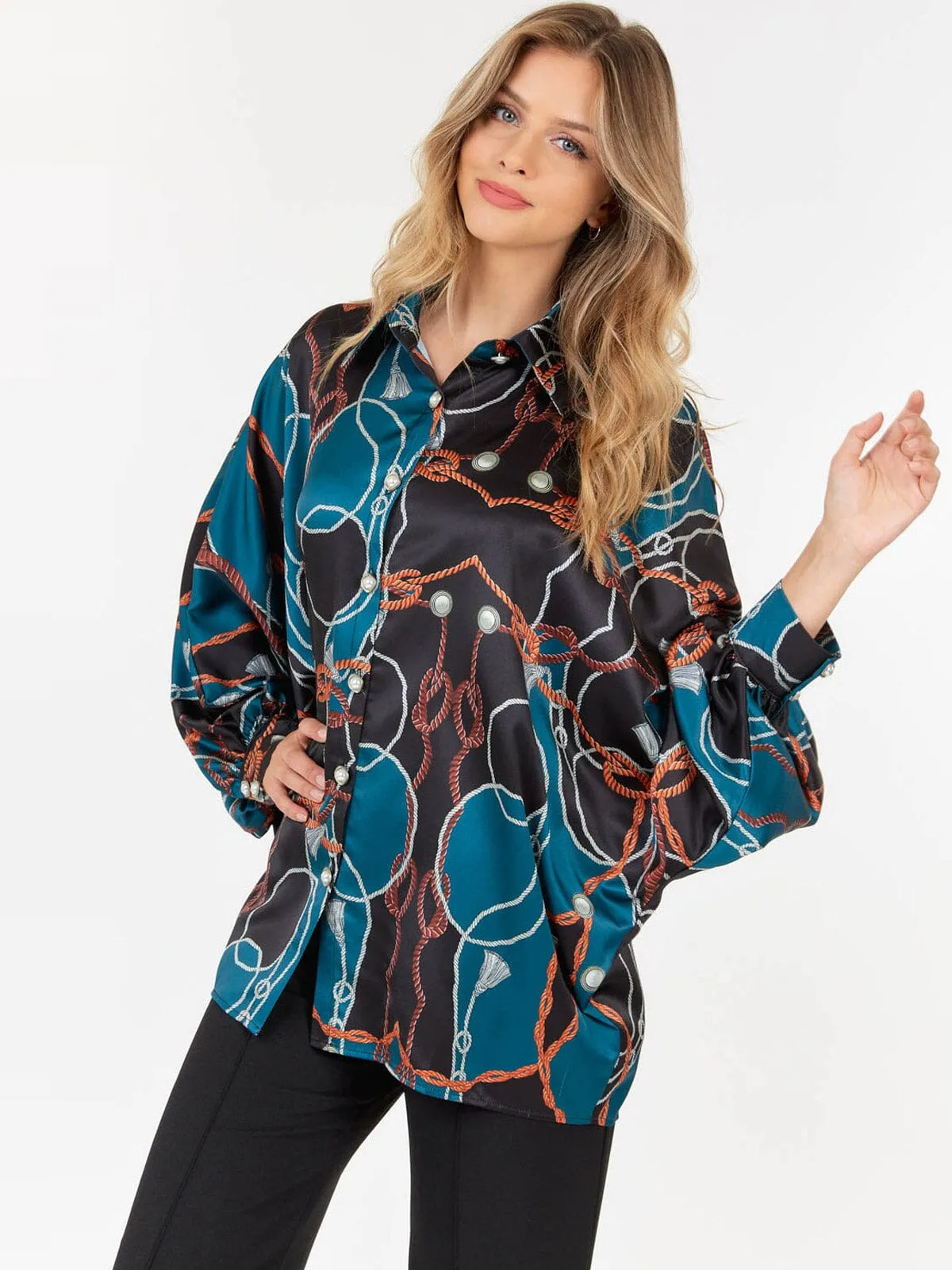 WOMEN'S LONG SLEEVE BUTTON UP MULTI PRINT BLOUSE
