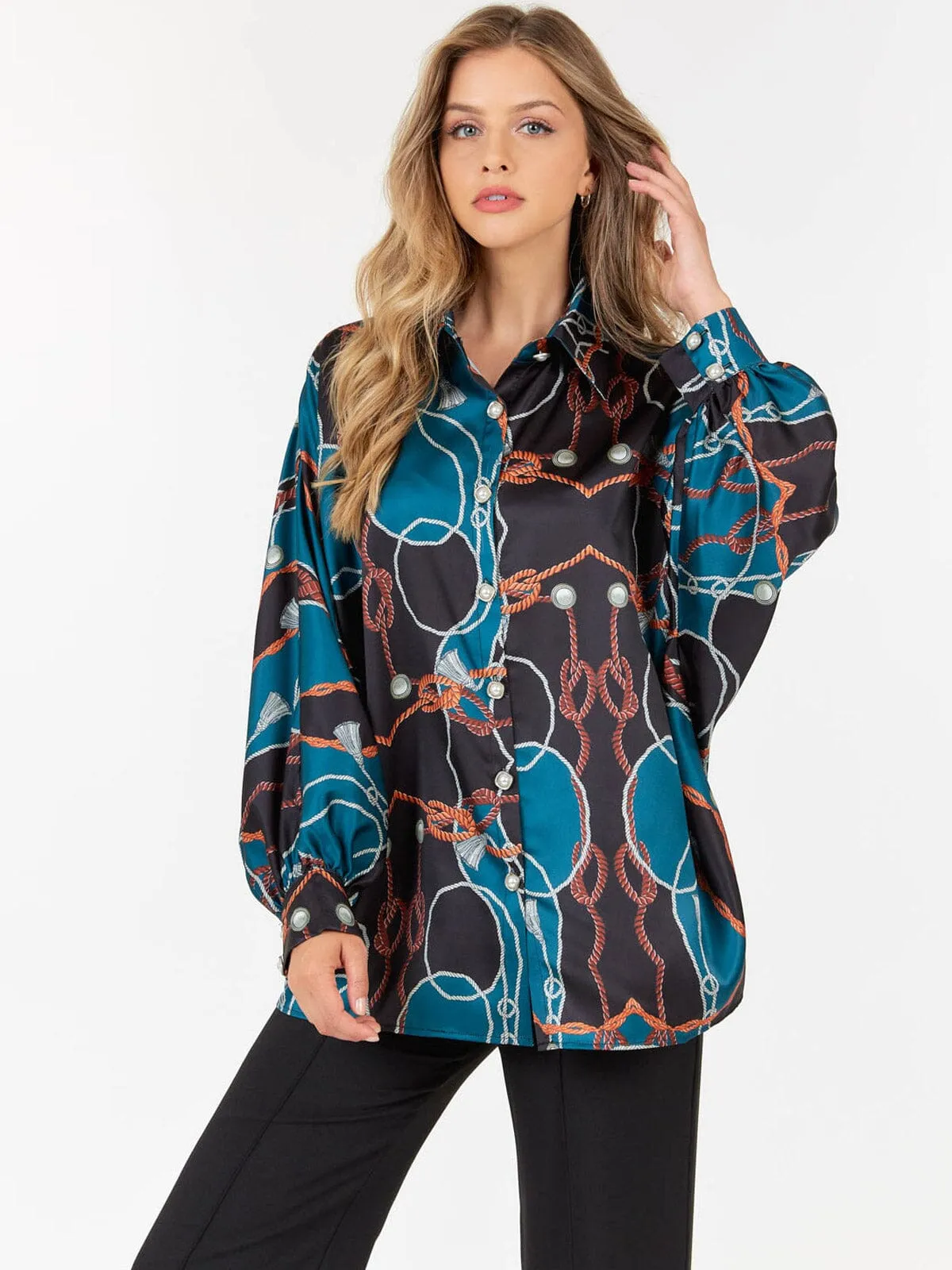 WOMEN'S LONG SLEEVE BUTTON UP MULTI PRINT BLOUSE