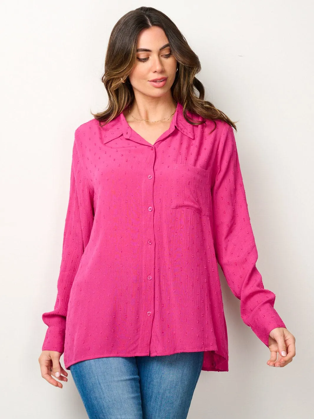 WOMEN'S LONG SLEEVE BUTTON UP SWISS DOTS BLOUSE TOP