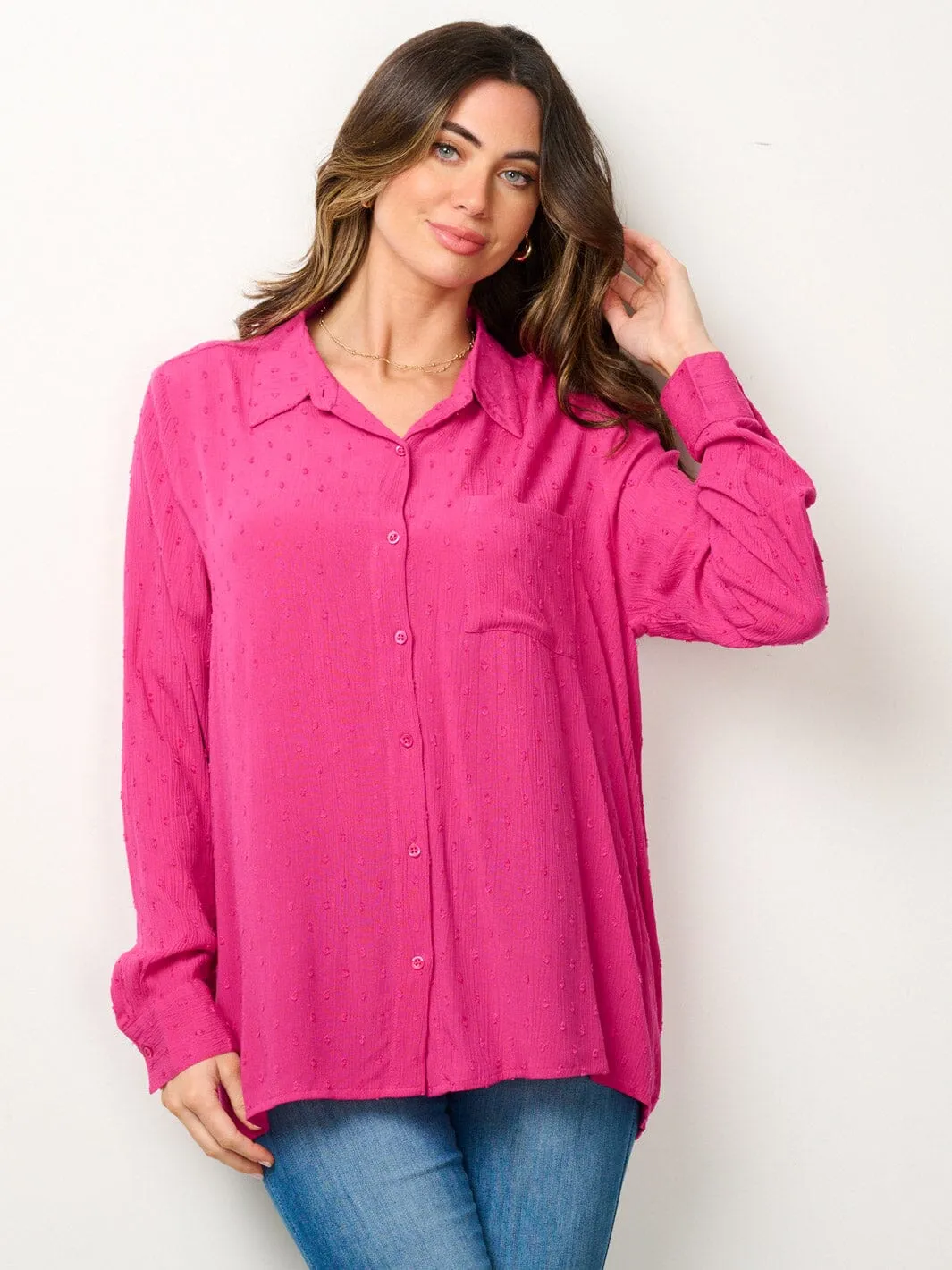 WOMEN'S LONG SLEEVE BUTTON UP SWISS DOTS BLOUSE TOP