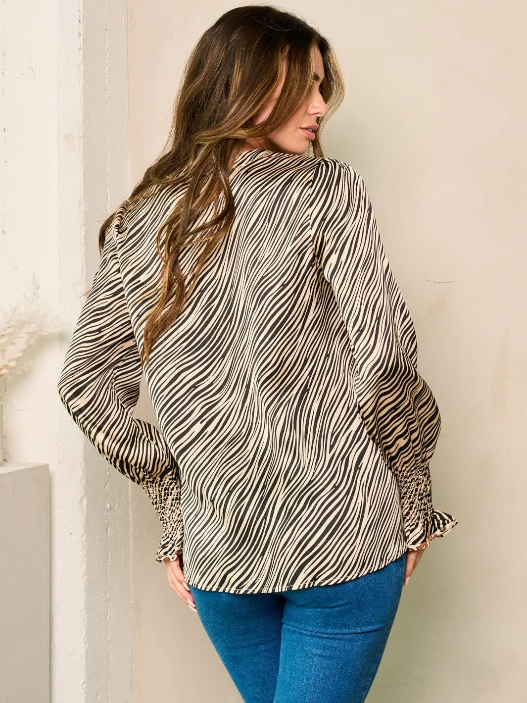 WOMEN'S LONG SLEEVE BUTTON UP ZEBRA PRINT BLOUSE TOP