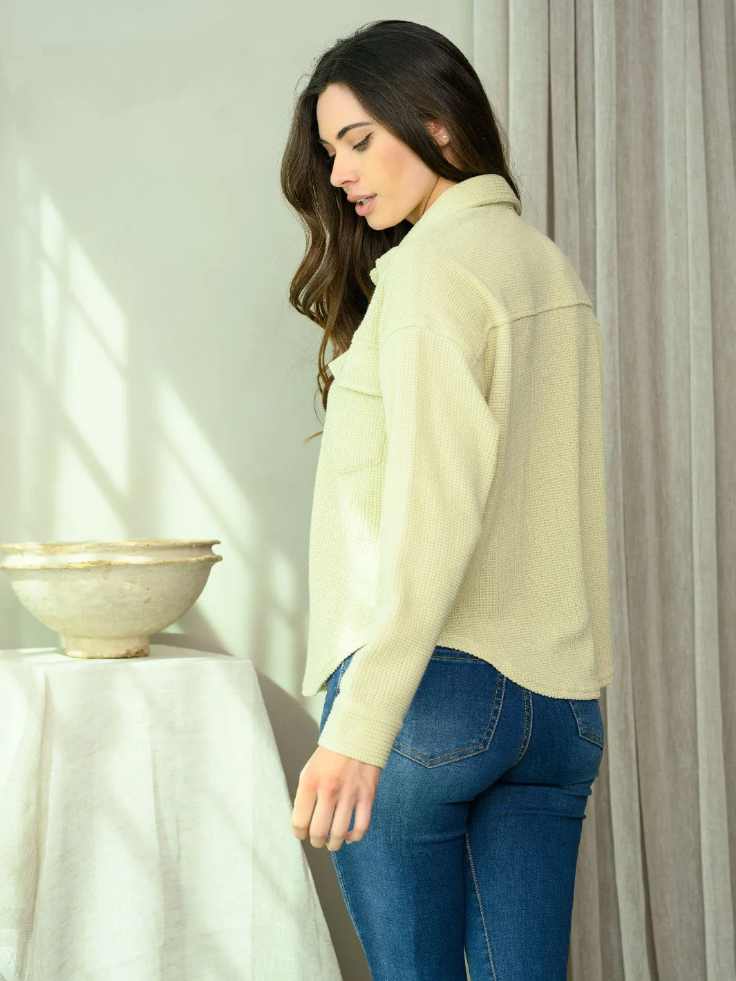 WOMEN'S LONG SLEEVE WAFFLE BUTTON UP TOP
