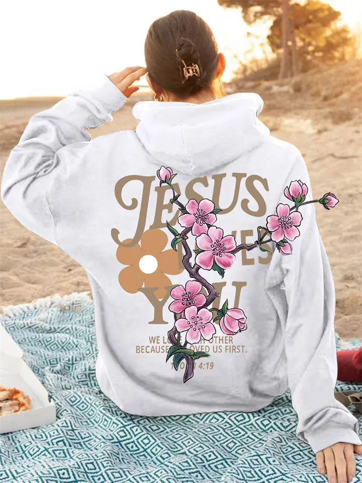 Women's Peach Flower Letter Print Oversized Hoodies with Pocket