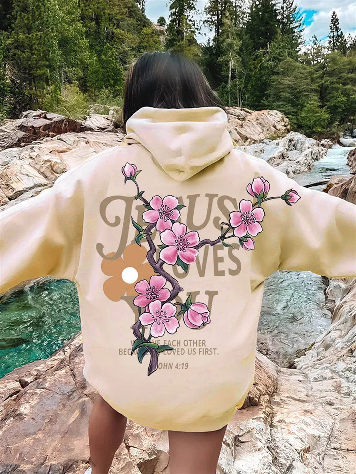 Women's Peach Flower Letter Print Oversized Hoodies with Pocket
