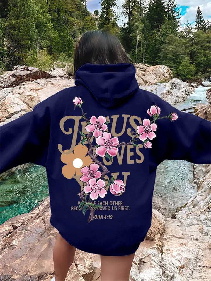 Women's Peach Flower Letter Print Oversized Hoodies with Pocket