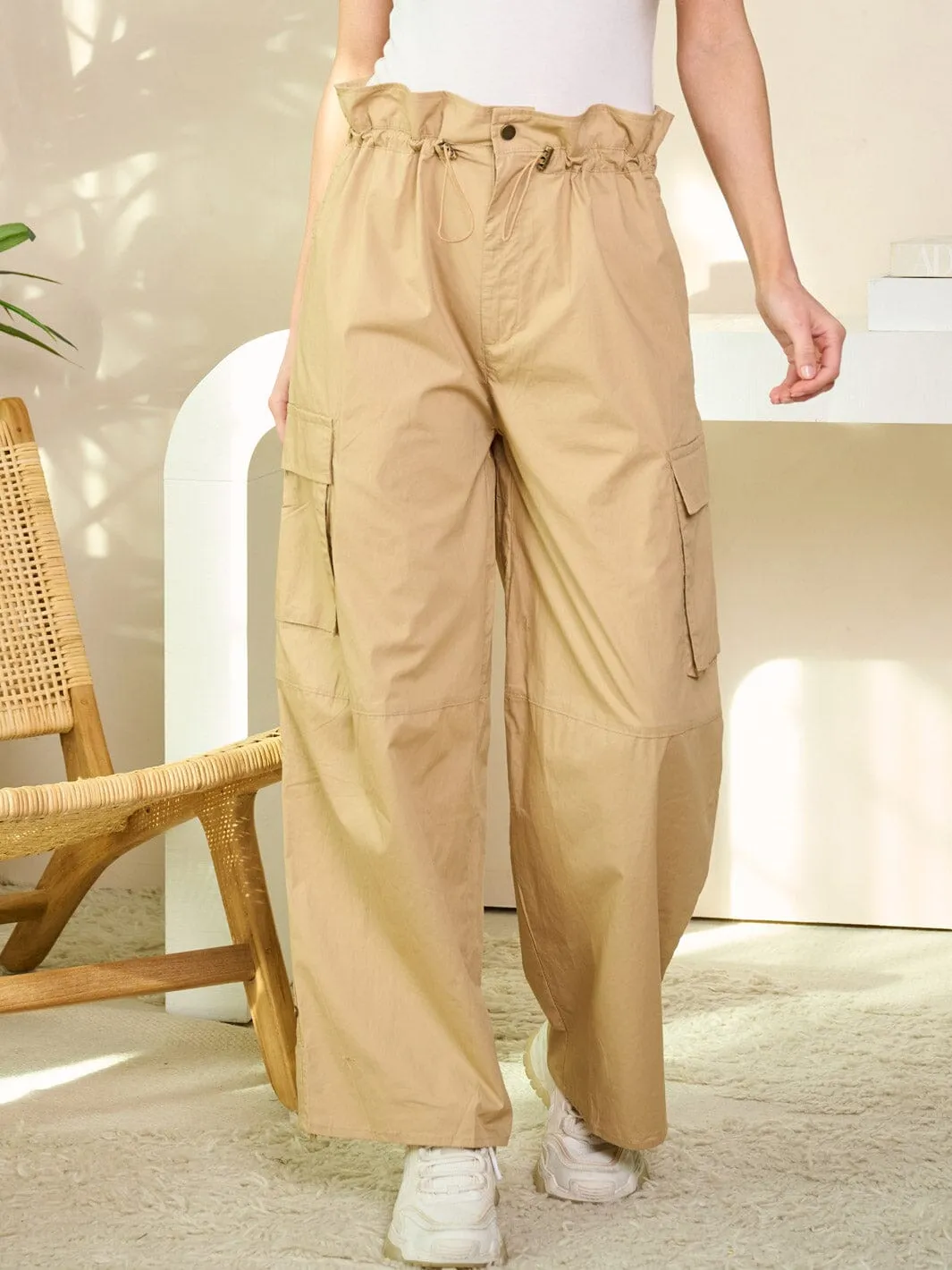 WOMEN'S SELF TIE WAISTBAND POCKETS WIDE LEGS PANTS