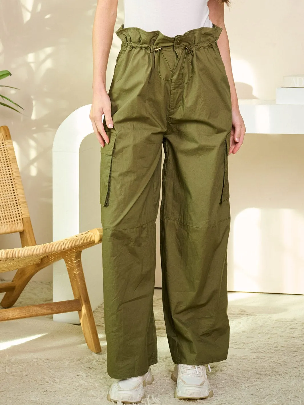 WOMEN'S SELF TIE WAISTBAND POCKETS WIDE LEGS PANTS