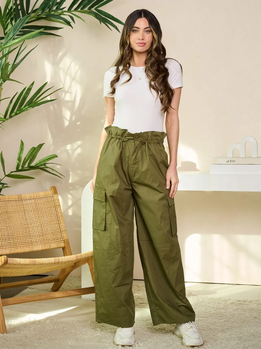 WOMEN'S SELF TIE WAISTBAND POCKETS WIDE LEGS PANTS