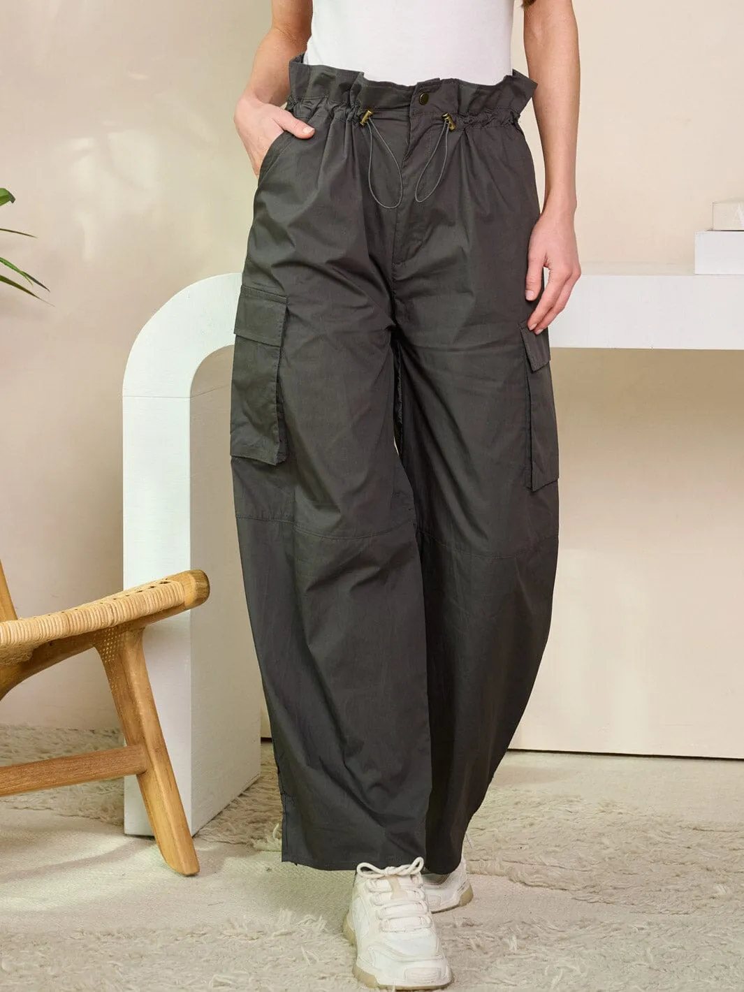 WOMEN'S SELF TIE WAISTBAND POCKETS WIDE LEGS PANTS