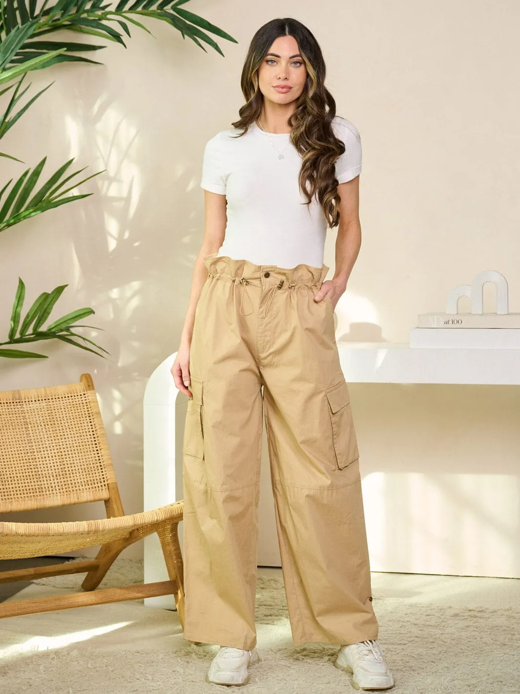 WOMEN'S SELF TIE WAISTBAND POCKETS WIDE LEGS PANTS