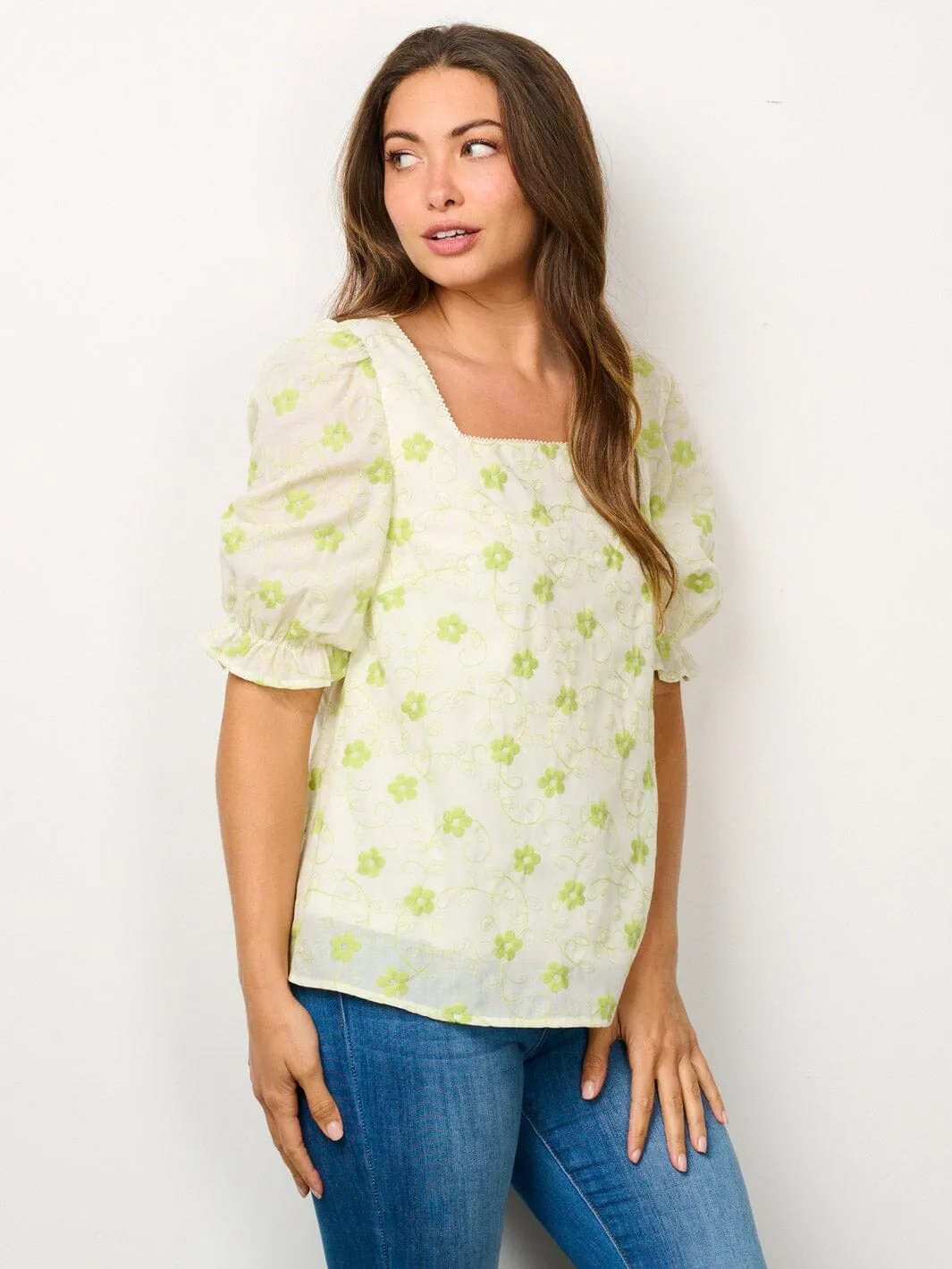 WOMEN'S SHORT PUFF SLEEVE SQUARE NECK EMBROIDERY FLORAL BLOUSE TOP
