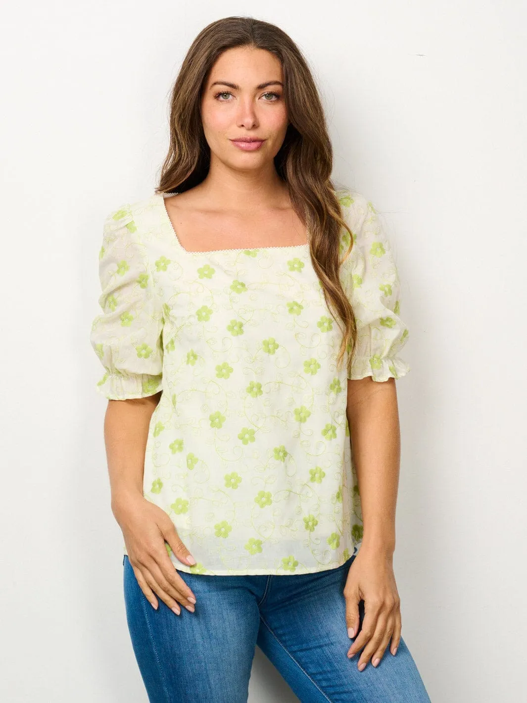 WOMEN'S SHORT PUFF SLEEVE SQUARE NECK EMBROIDERY FLORAL BLOUSE TOP