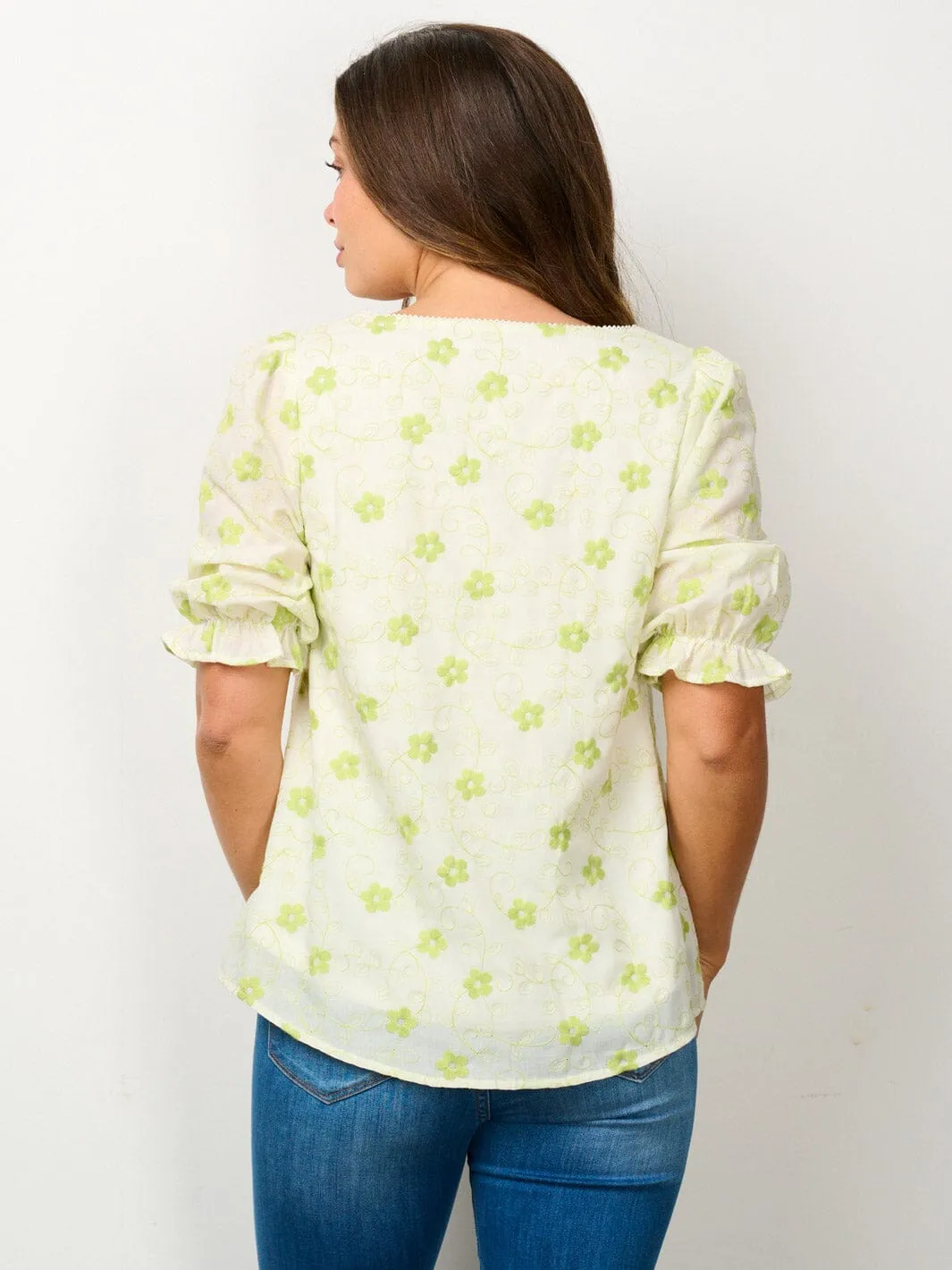 WOMEN'S SHORT PUFF SLEEVE SQUARE NECK EMBROIDERY FLORAL BLOUSE TOP