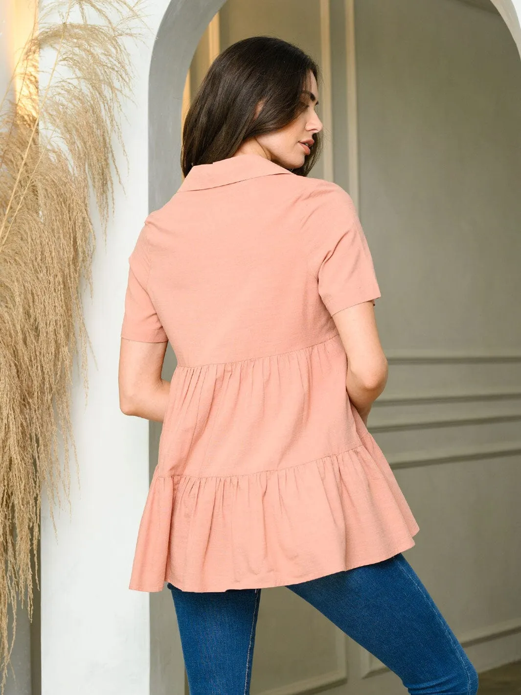 WOMEN'S SHORT SLEEVE BUTTON UP LOOSE FIT TIERED TOP