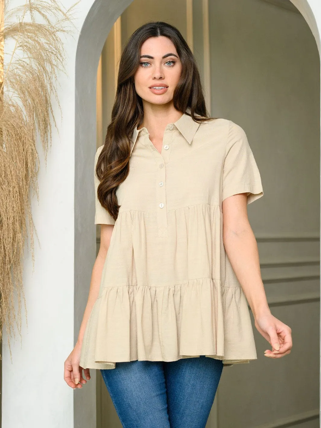 WOMEN'S SHORT SLEEVE BUTTON UP LOOSE FIT TIERED TOP
