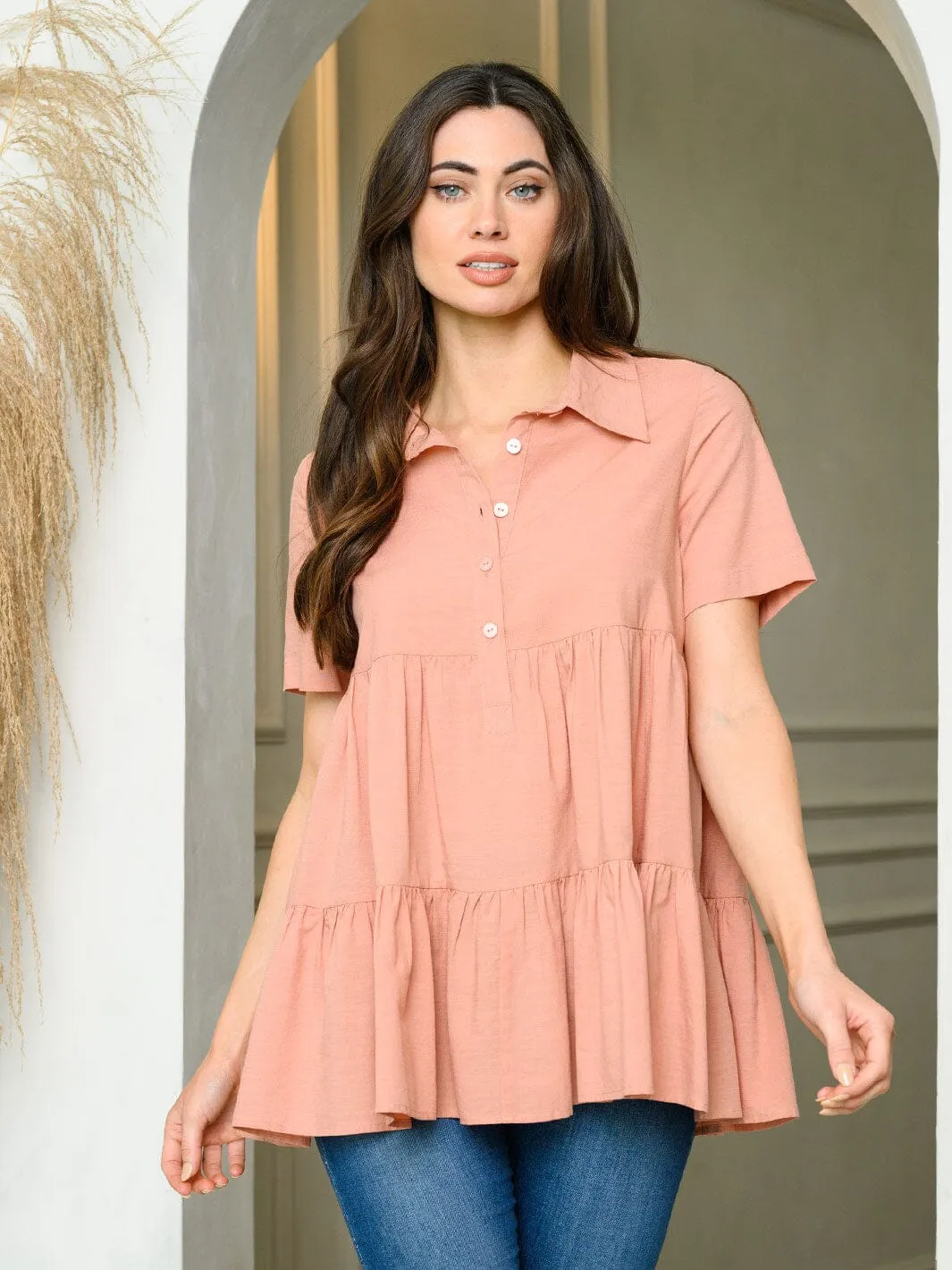 WOMEN'S SHORT SLEEVE BUTTON UP LOOSE FIT TIERED TOP