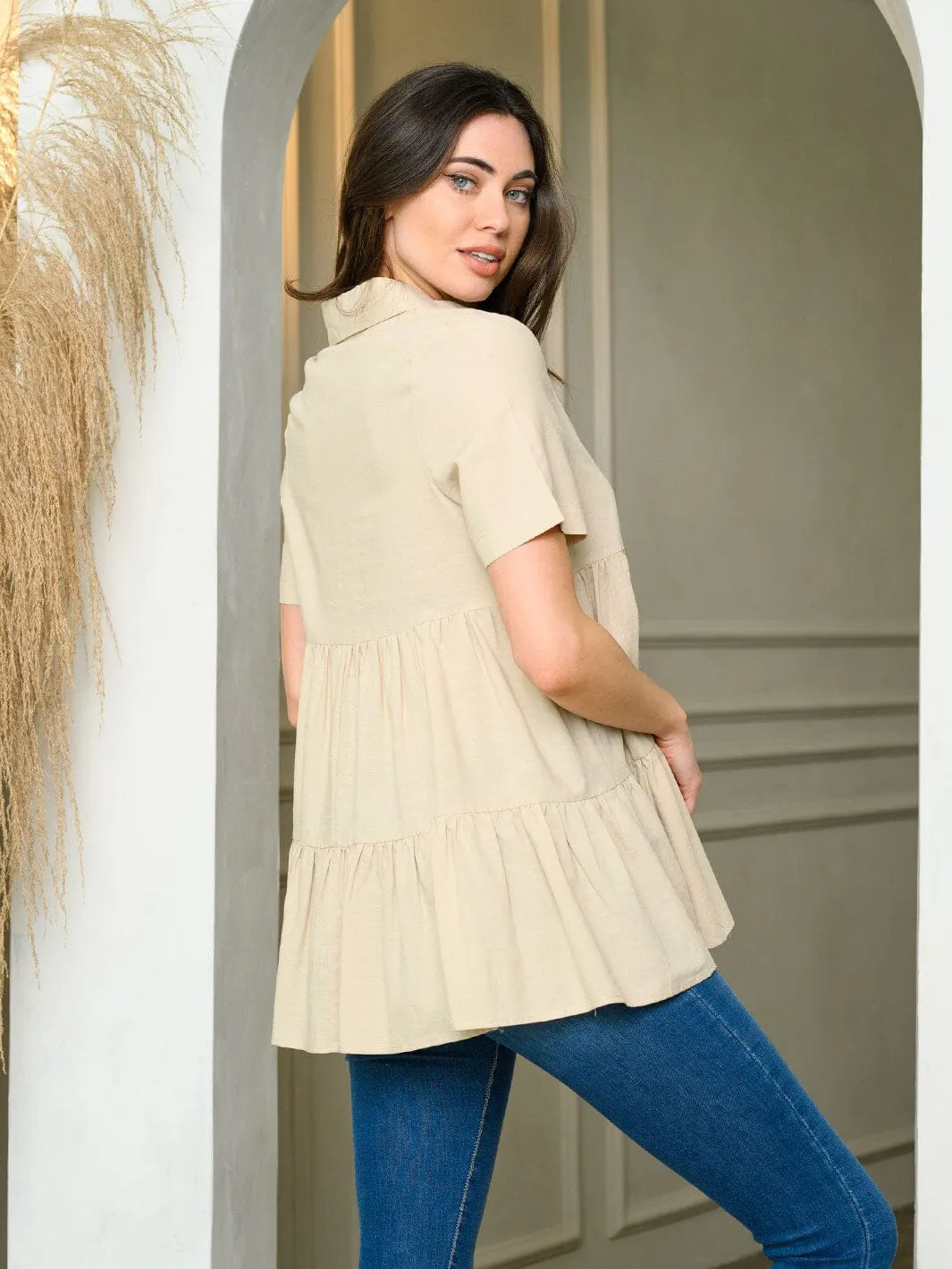 WOMEN'S SHORT SLEEVE BUTTON UP LOOSE FIT TIERED TOP