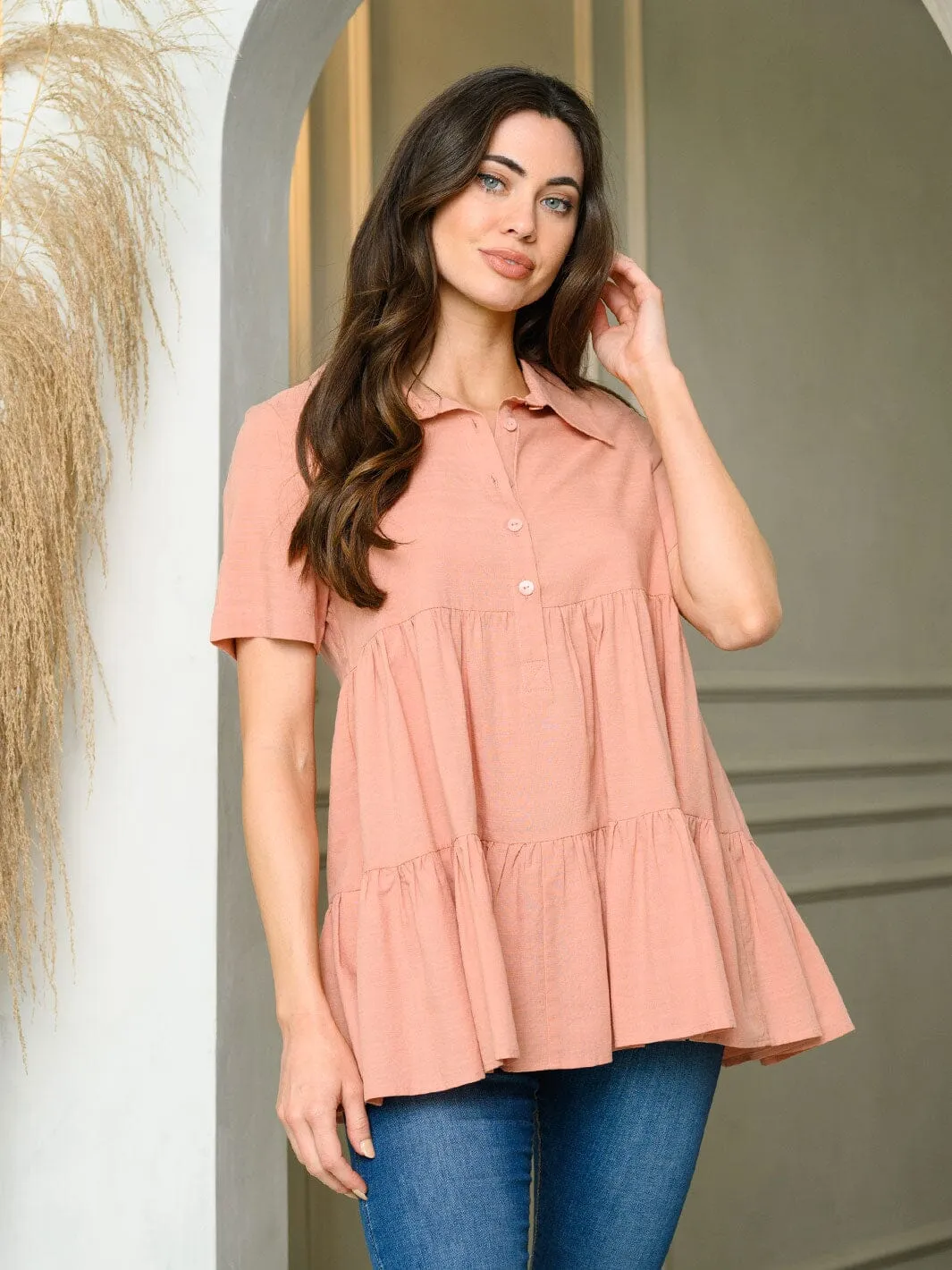WOMEN'S SHORT SLEEVE BUTTON UP LOOSE FIT TIERED TOP