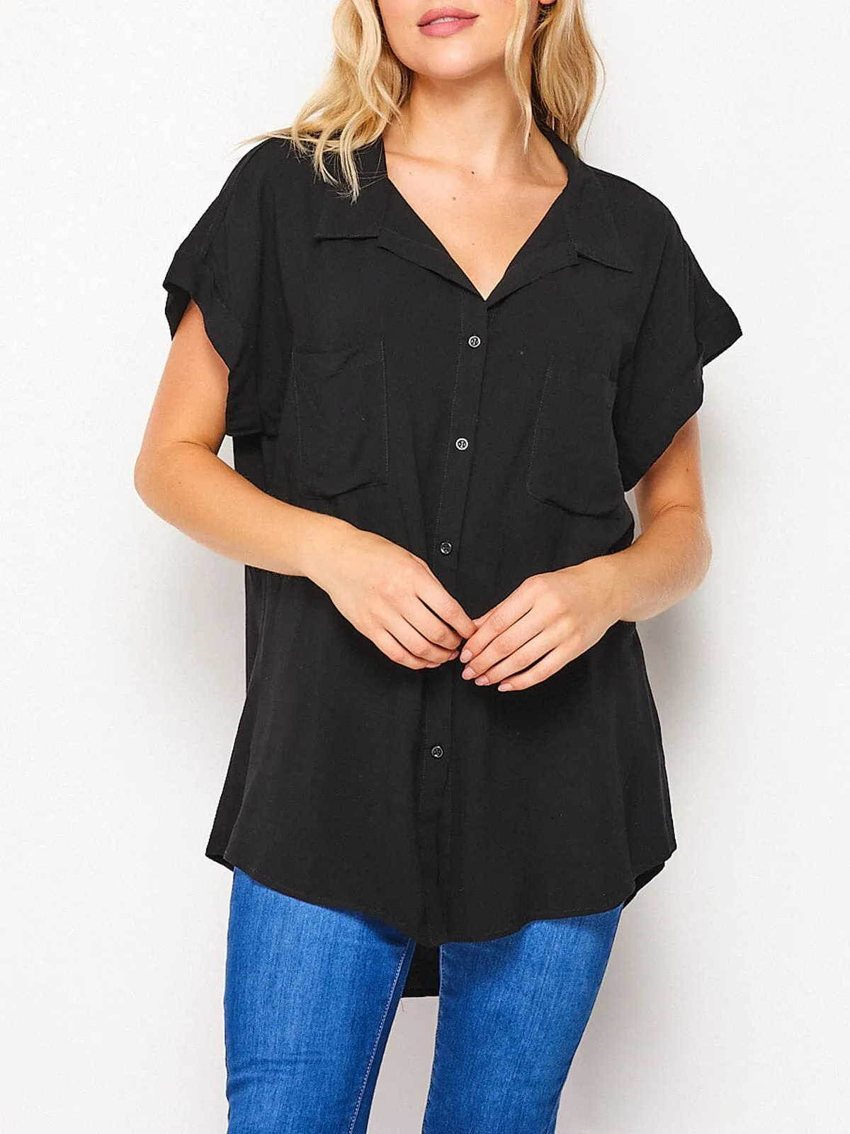 WOMEN'S SHORT SLEEVE BUTTON UP TUNIC TOP