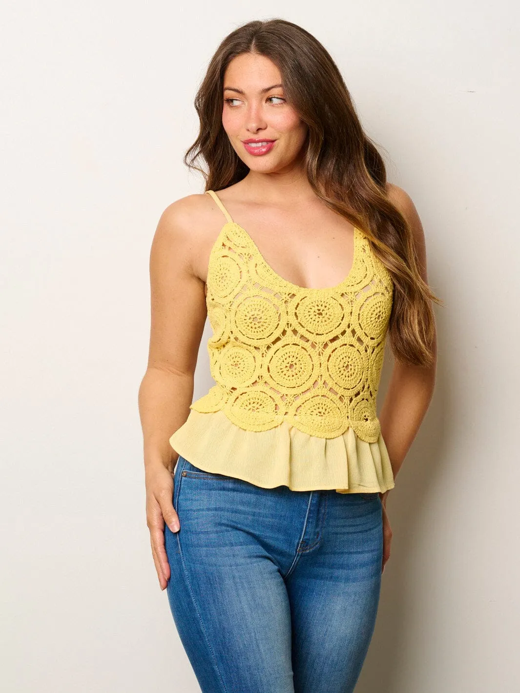 WOMEN'S SLEEVELESS V-NECK PEPLUM CROCHET TANK TOP