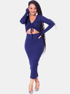 Zoya Basic Ribbed Midi Pencil Skirt - Navy Blue