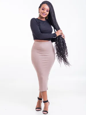 Zoya Basic Ribbed Midi Pencil Skirt - Taupe